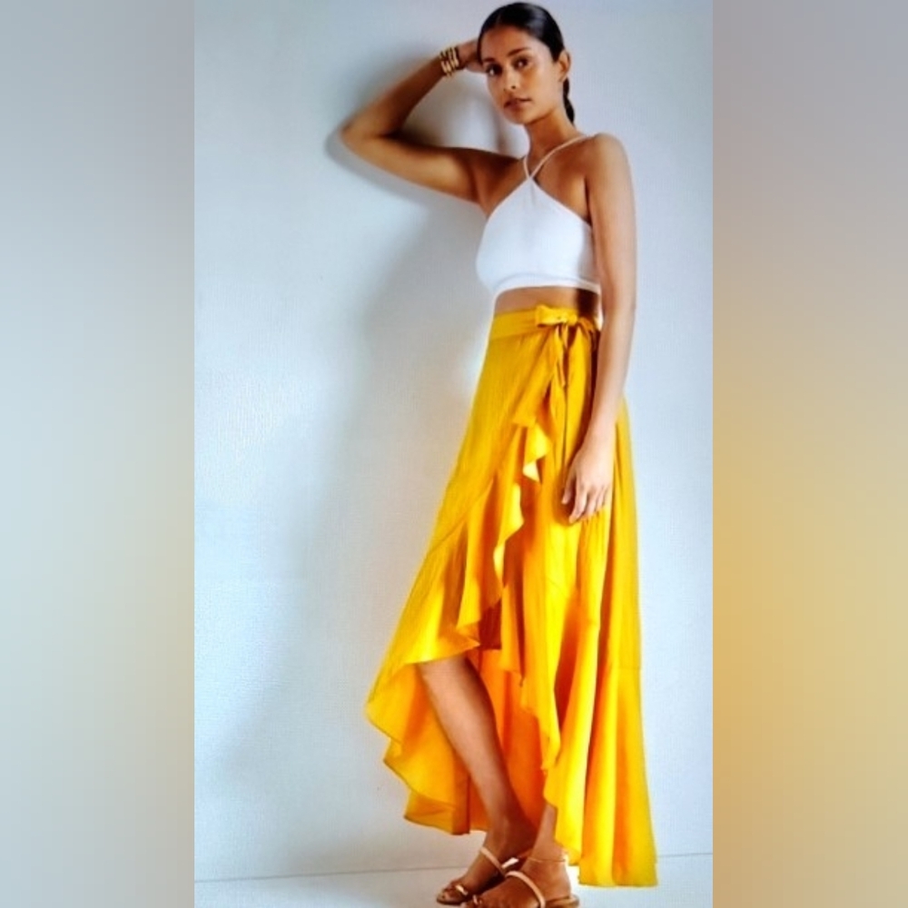 Women's Yellow Asymmetric Ruffle Wrap Skirt